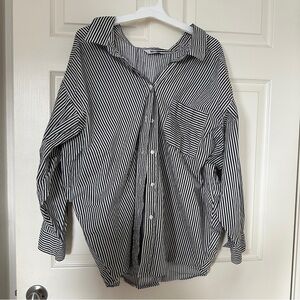 Classic Black and White Striped Women's Button Down Shirt